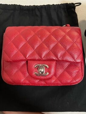 CHANEL Red Caviar Mini Square Flap Shoulder Bag with Silver Hardware